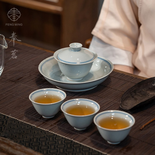 仿古手绘双线三才盖碗茶杯陶瓷
