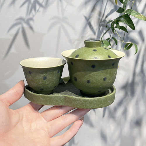 惊蛰 原矿陶泥青橘波点盖碗配一杯组合茶具复古茶碗功夫茶具套装