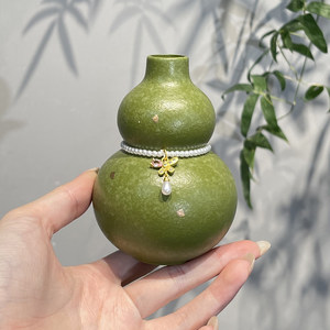 惊蛰 原矿白泥橘绿点金葫芦花器手工创意饰品迷你花瓶装饰小摆件