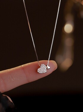 新款双爱心形项链女闪钻轻奢简约带钻甜美小众感锁骨链送女友