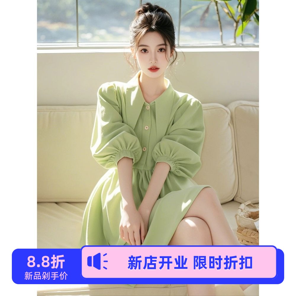 2025春季爆款流行气质减龄高级感绿色长袖洋气好看翻领收腰连衣裙