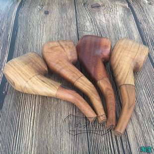 男士 便携实木烟斗 旱烟袋金属锅子 老式 烟杆便携 纯木质弯式