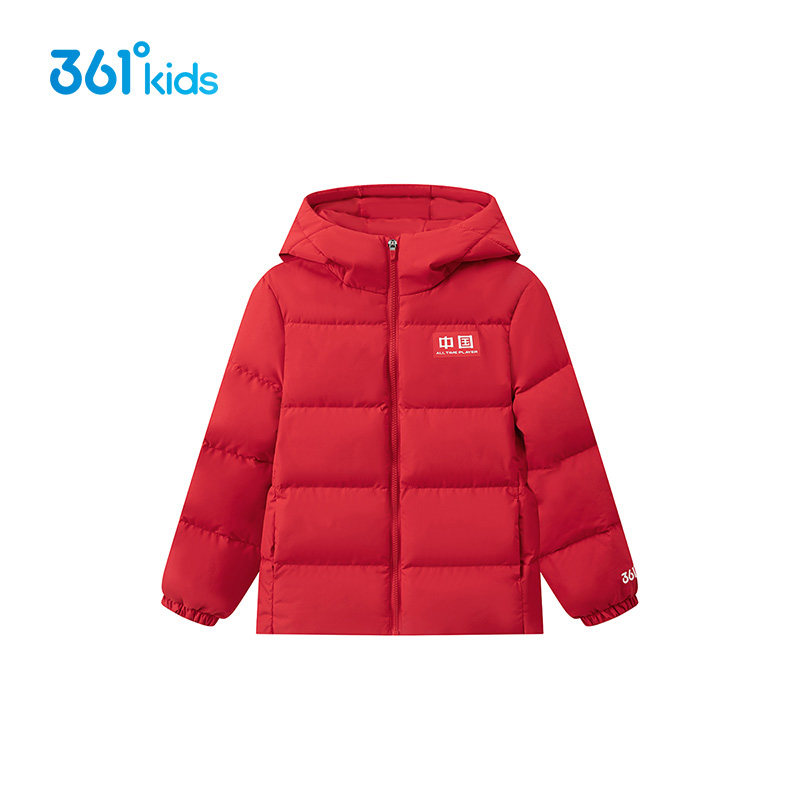 361度童装男童羽绒服2026新年款红色中大童儿童保暖连帽羽绒外套
