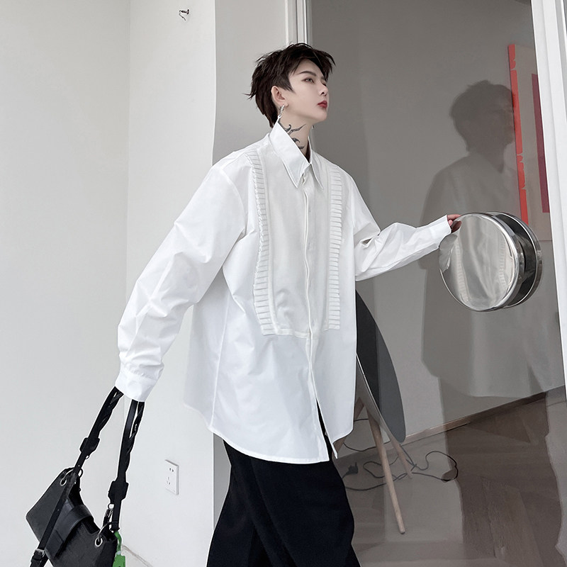 秋季新款高级感时髦个性荷叶边长袖衬衫男发型师设计感宽松衬衣潮