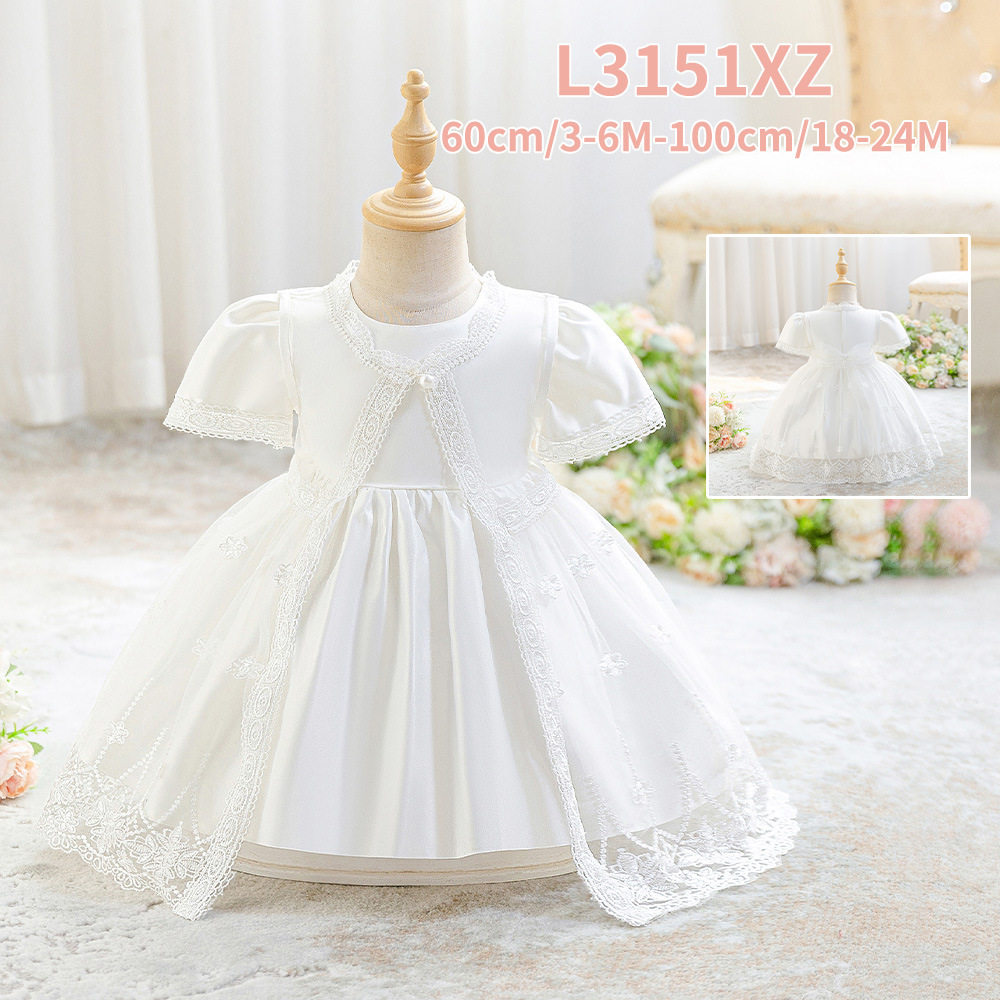 亚马逊新款周岁宝宝洗礼服婴幼儿两件套缎布礼服女童生日宴会礼服