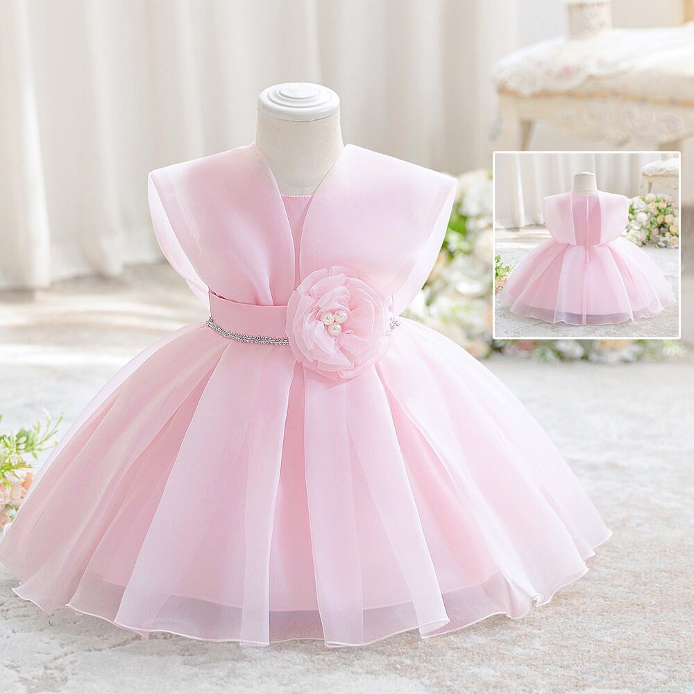 新款周岁宝宝洗礼服婴幼儿立体花朵披肩婚纱礼服女童生日宴会礼服