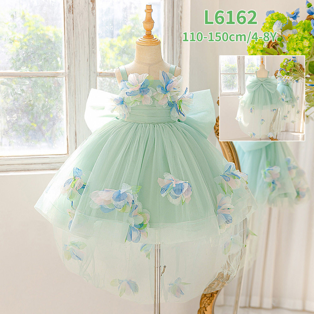 欧美新款拖尾裙中大女童一字肩立体订花蓬蓬礼服钢琴燕尾裙L6162
