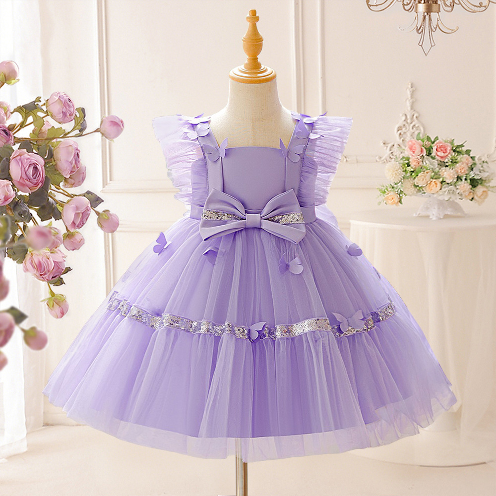 欧美新款女童晚礼服儿童蝴蝶结生日宴会公主裙六一表演蓬蓬连衣裙