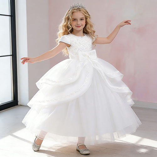 女大童圣诞晚礼服花童绣花长款演出服公主裙儿童主持人走秀童礼服