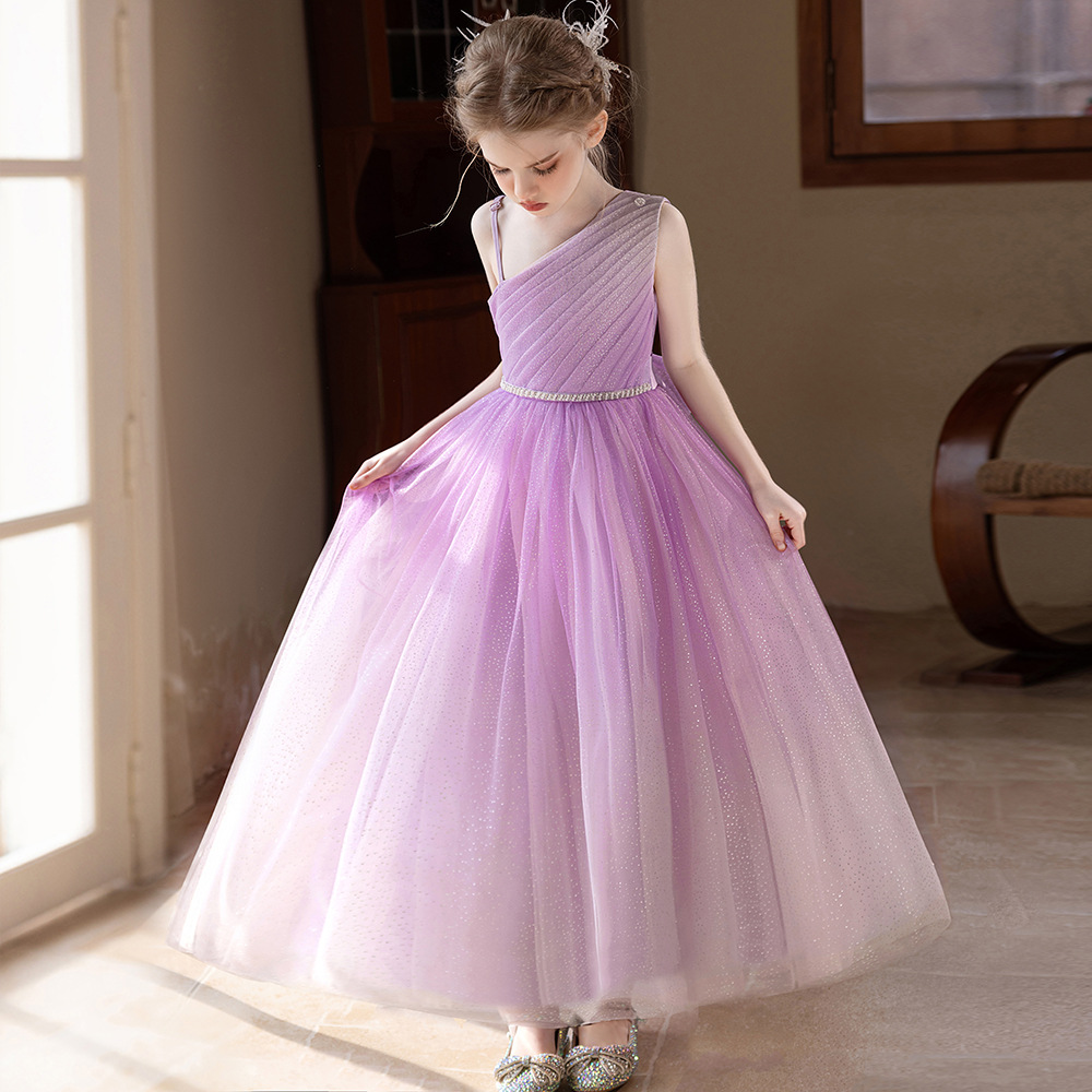 花童礼服女大童紫色单肩小礼服星空梦幻公主裙婚礼蓬蓬纱长裙