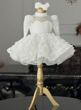 白色公主裙女童2026新款长袖花朵网纱裙一周岁礼服princess dress