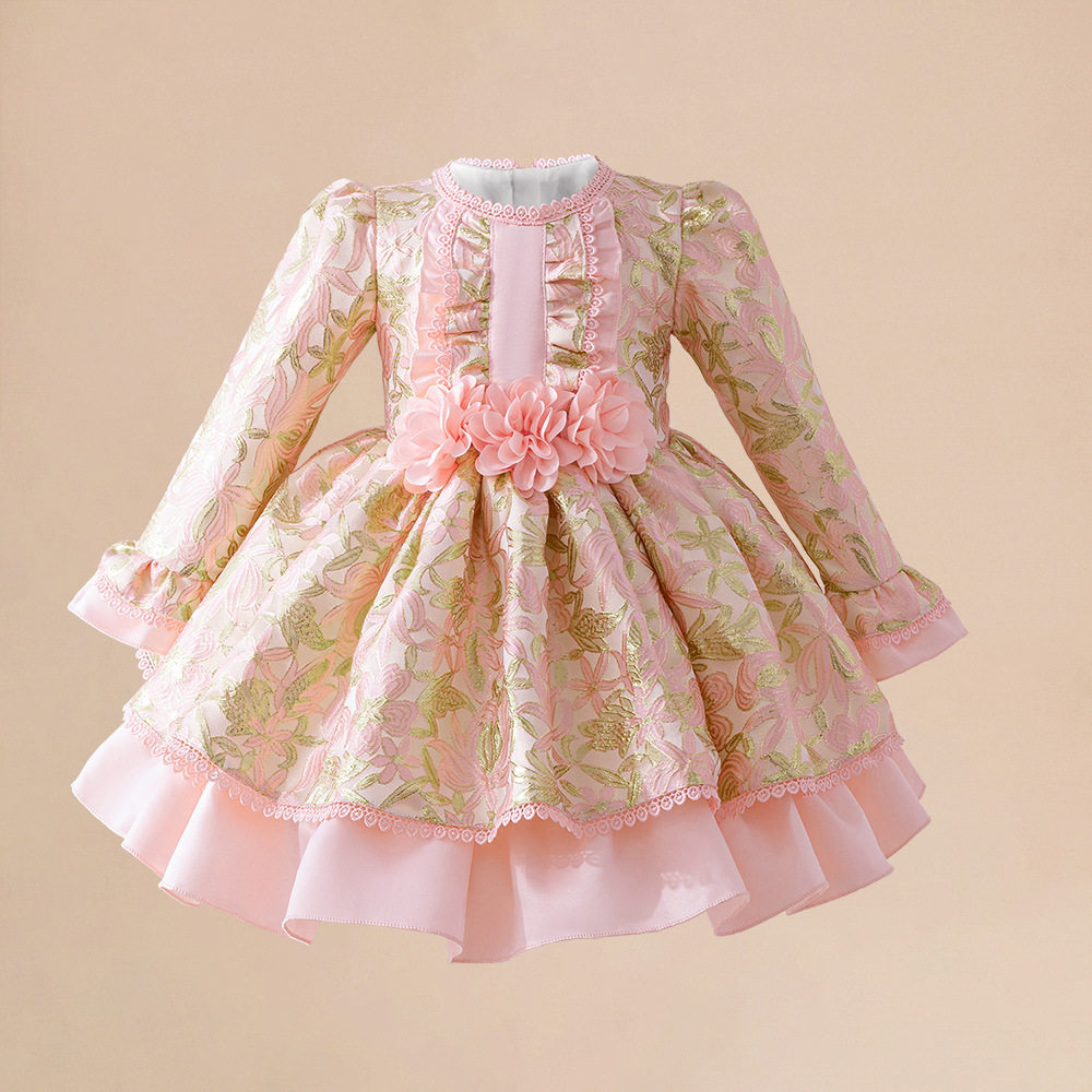 长袖立体花朵礼服新生儿抓周礼服