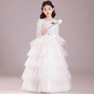 小主持人女童钢琴演奏公主裙儿童生日婚礼花童春季红色礼服蓬