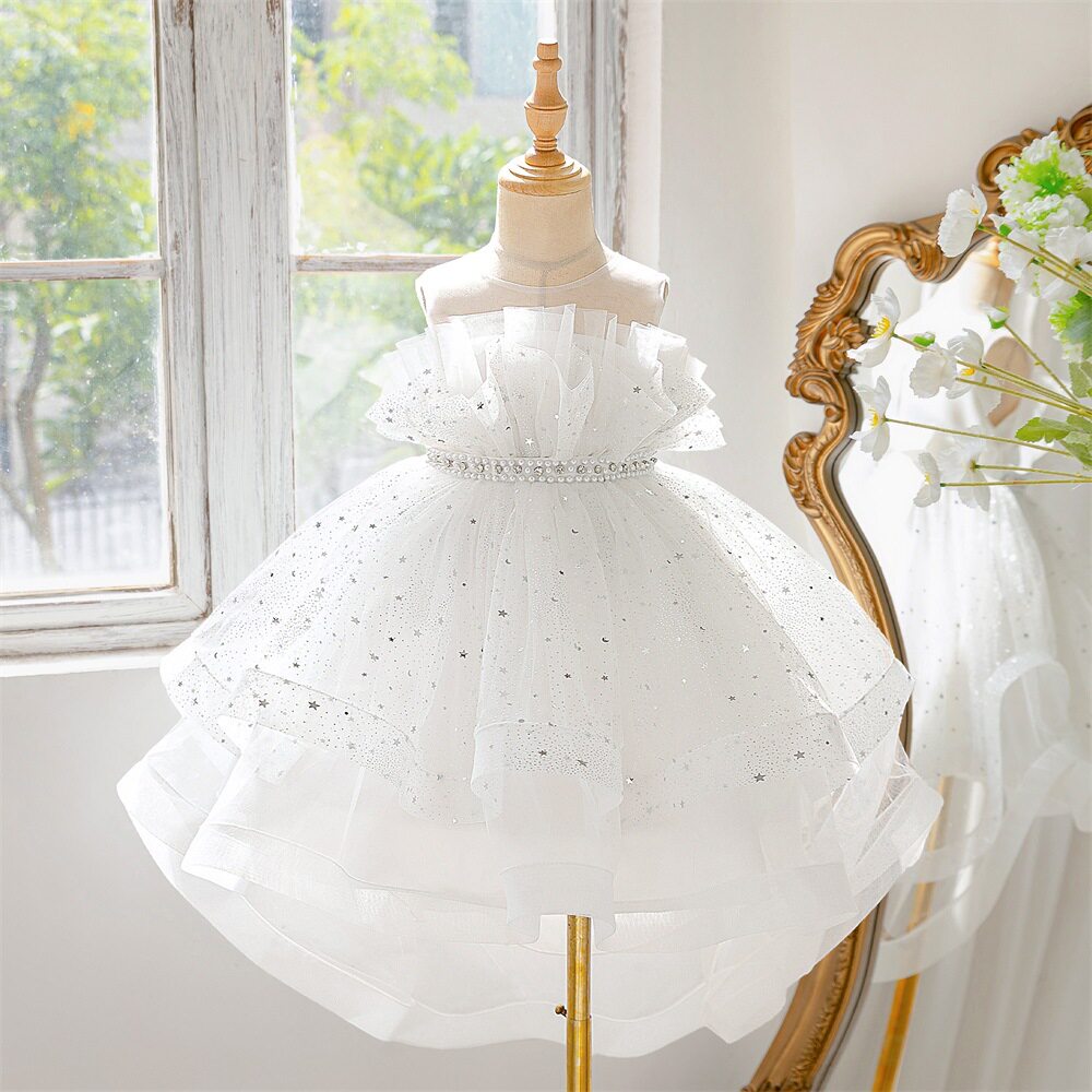 欧美新款女童礼服燕尾裙中大童亮片网纱拖尾裙儿童节日钢琴演出服