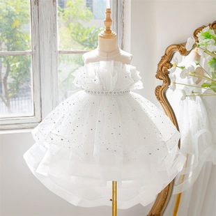 欧美新款 女童礼服燕尾裙中大童亮片网纱拖尾裙儿童节日钢琴演出服