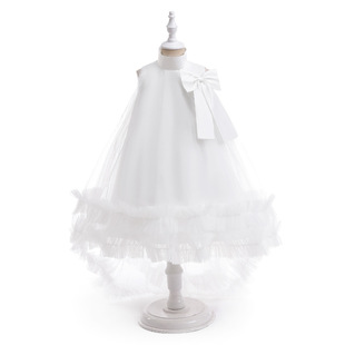 亚马逊欧美儿童礼服拖尾裙中大童网纱蝴蝶结无袖燕尾裙女童连衣裙