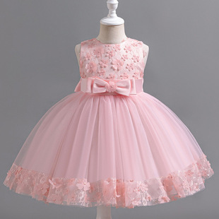 新款欧美女童纯色蝴蝶结公主裙绣花花童婚纱晚宴演出礼服