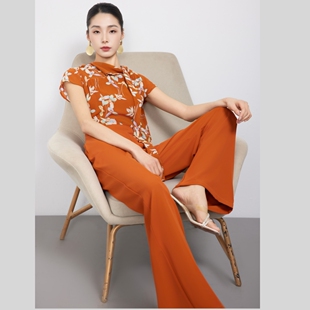 肩部开叉系带高端花色长裤高腰显白修身女夏连体裤宽松阔腿裤
