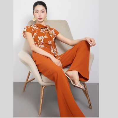 肩部开叉系带高端大牌花色长裤高腰显白修身女夏连体裤宽松阔腿裤