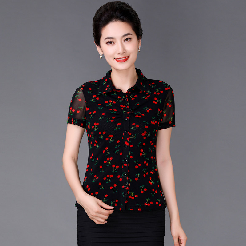 摩登猫中年女装台湾纱女衬衫2020夏装新款网纱樱桃碎花短袖上衣潮