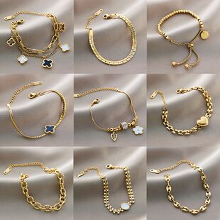 欧美不掉色时尚钛钢手链女五叶草镶钻ins风个性镀18K金小众高级感