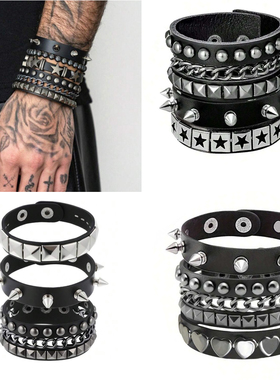 朋克复古铆钉皮质多层叠戴手镯