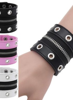 欧美新款铆钉链条朋克饰品皮革手链手镯圆孔透气中间拉链宽版手饰