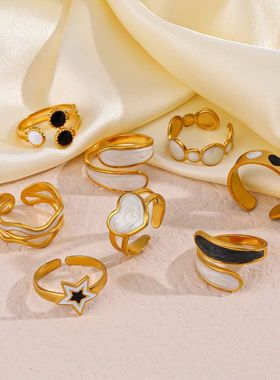 欧美时尚白色滴油不锈钢戒指INS风简约流行五角星/爱心几何戒指女