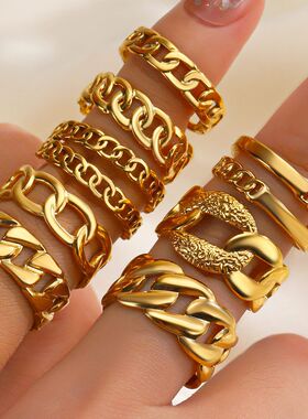 欧美复古不锈钢链条戒指几何图案开口可调节18K镀金钛钢指环女