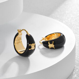 法式凯旋门黑色滴油耳环耳扣铜镀22K金轻奢高级感气质百搭耳饰品