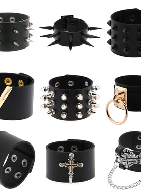 欧美非主流骷髅头十字架宽手镯朋克个性哥特pu皮革尖钉手链手环女