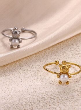 复古可爱小清新小熊珍珠戒指轻奢气质不锈钢18K镀金指环代发rings