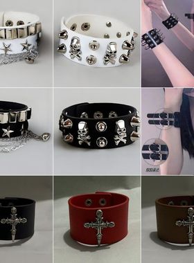 新款酷女孩朋克pu皮铆钉手链个性骷髅街舞配饰嘻哈手环宽手镯潮男