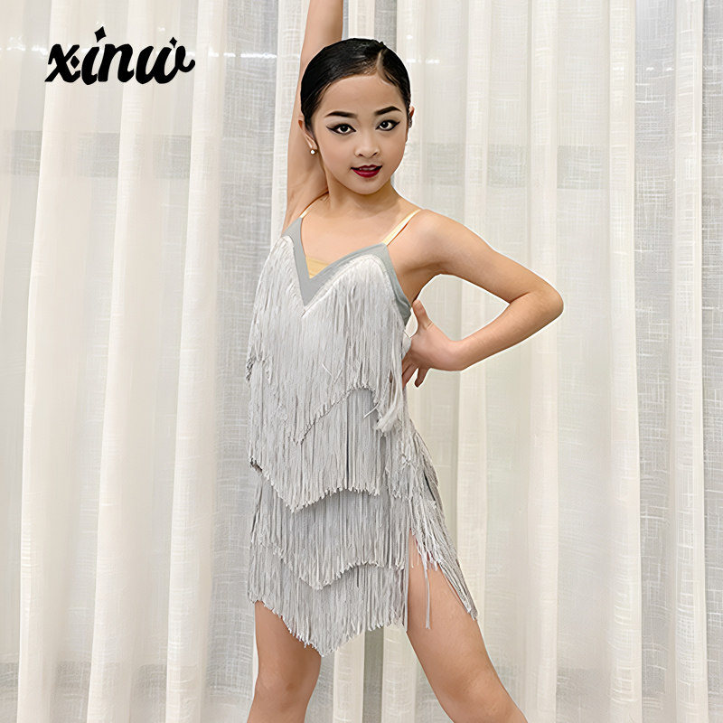 拉丁舞表演服演出服女童儿童新款舞蹈服连体流苏裙吊带考级比赛