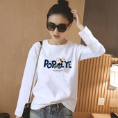 正肩女t恤长袖 女士上衣 新款 纯棉宽松白色体恤内搭打底衫 女春秋季