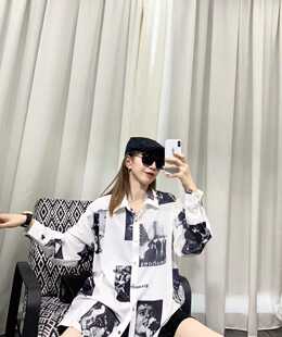 2023新款韩版宽松衬衫复古印花男友力爆棚花色休闲女衬衣网红上衣