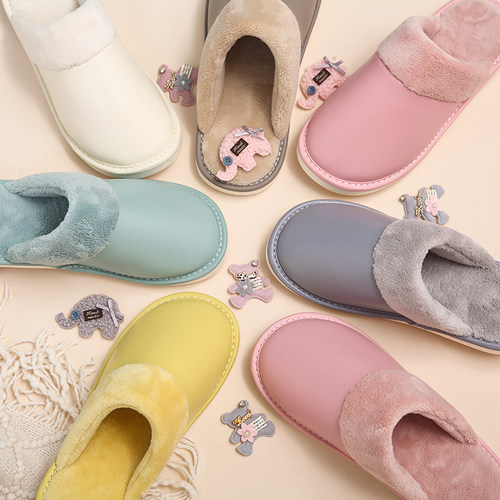 皮质包头女士防滑可爱风棉拖鞋