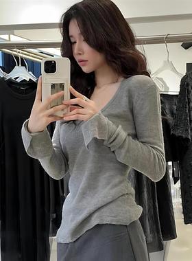 韩系灰色针织衫女早秋2025新款设计感上衣修身长袖内搭低领打底衫