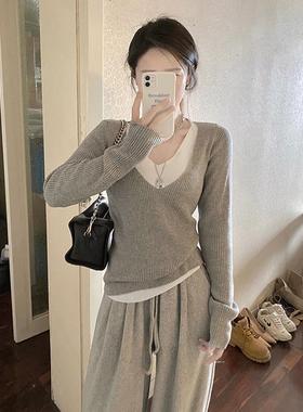 假两件v领毛衣针织衫女装秋冬季2025新款早秋灰色内搭打底衫上衣