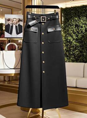 法式拼皮高级感黑色半身裙女2025秋冬气质百搭高腰超好看a字长裙