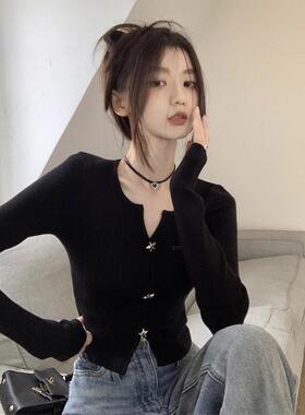 纯欲v领黑色打底衫女修身针织衫2025秋季新款辣妹上衣设计感小众