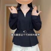 女士V领长袖 套头衬衫 2026秋季 复古大码 洋气收腰系带胖mm显瘦小衫