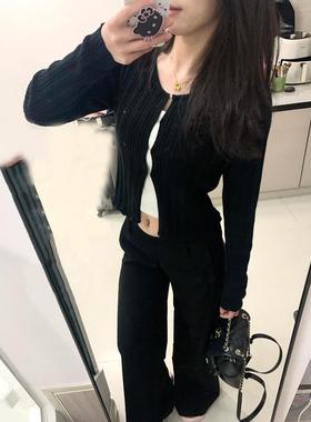 早秋黑色修身显瘦圆领长袖针织开衫女2025春秋新款纯色打底衫上衣