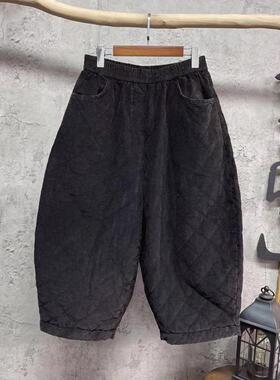 黑色棉裤大码女士菱格休闲裤秋冬高级感松紧腰外穿气质阔腿九分裤