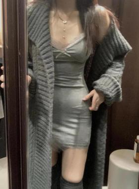 大翻领灰色针织大衣女秋冬加厚高级感慵懒风长款外穿毛衣开衫外套