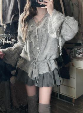 灰色v领镂空毛衣开衫外套女秋春宽松慵懒风抽绳设计感针织衫上衣