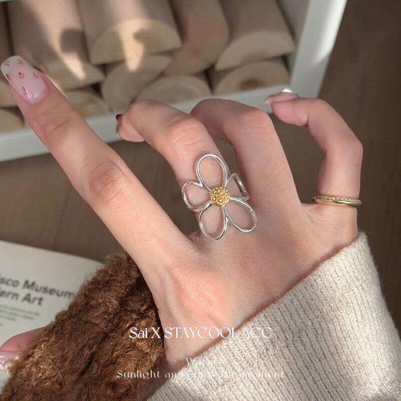 银色花朵线条钛钢戒指女士指环高级感欧美极简风轻奢潮流