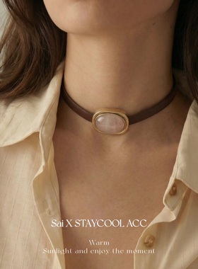 中古风vintage椭圆形坠棕色皮绳项圈女士锁骨链复古做旧天然石