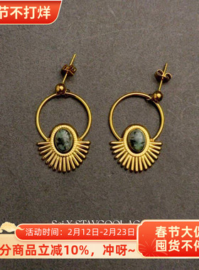 绿色石金色光芒太阳光耳环女士北欧风简约复古时髦耳钉