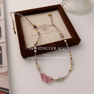 天然石蝴蝶结白玉紫黄晶切面法式风女士串珠项链高级感锁骨链复古